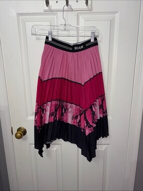 MSGM Pink & Black Asymmetrical Pleated Midi Skirt